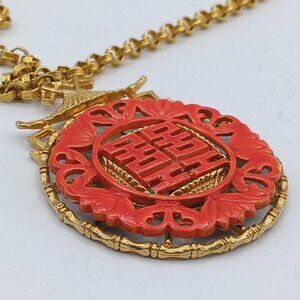 Retro Necklace Chinese Emblem Gold Plating Red Pendant
